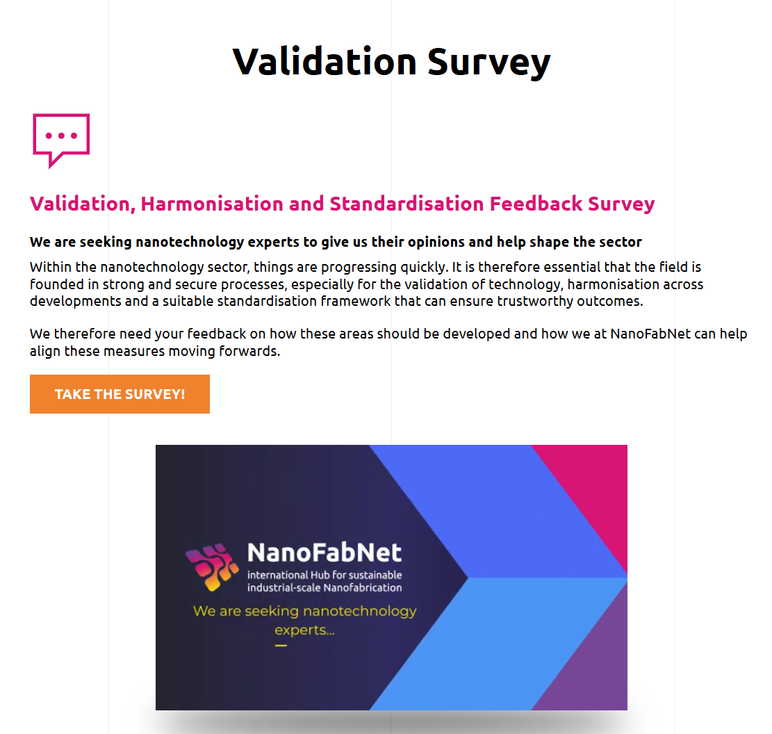 H2020 Project NanoFabNet Survey on Validation, Harmonisation and Standardisation in Sustainable Nanofabrication; Image Source: NanoFabNet project 
