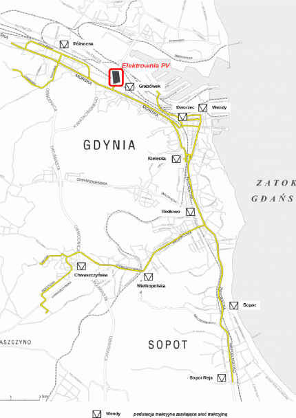 Photo: A map of a trolleybus network in Gdynia with the location of the planned photovoltaic power plant at the depot intended to power the vehicles (PKT) 